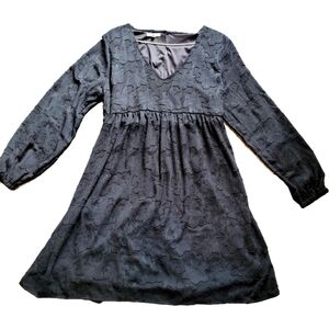Black Floral Dress Baby Doll Bell Sleeves Whimsy Goth V-neck Sz M
